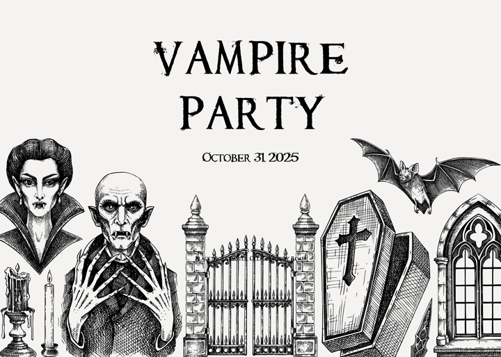 Vampire party invitation design. Halloween hand drawn vector illustration. Gothic background. NOT AI generated